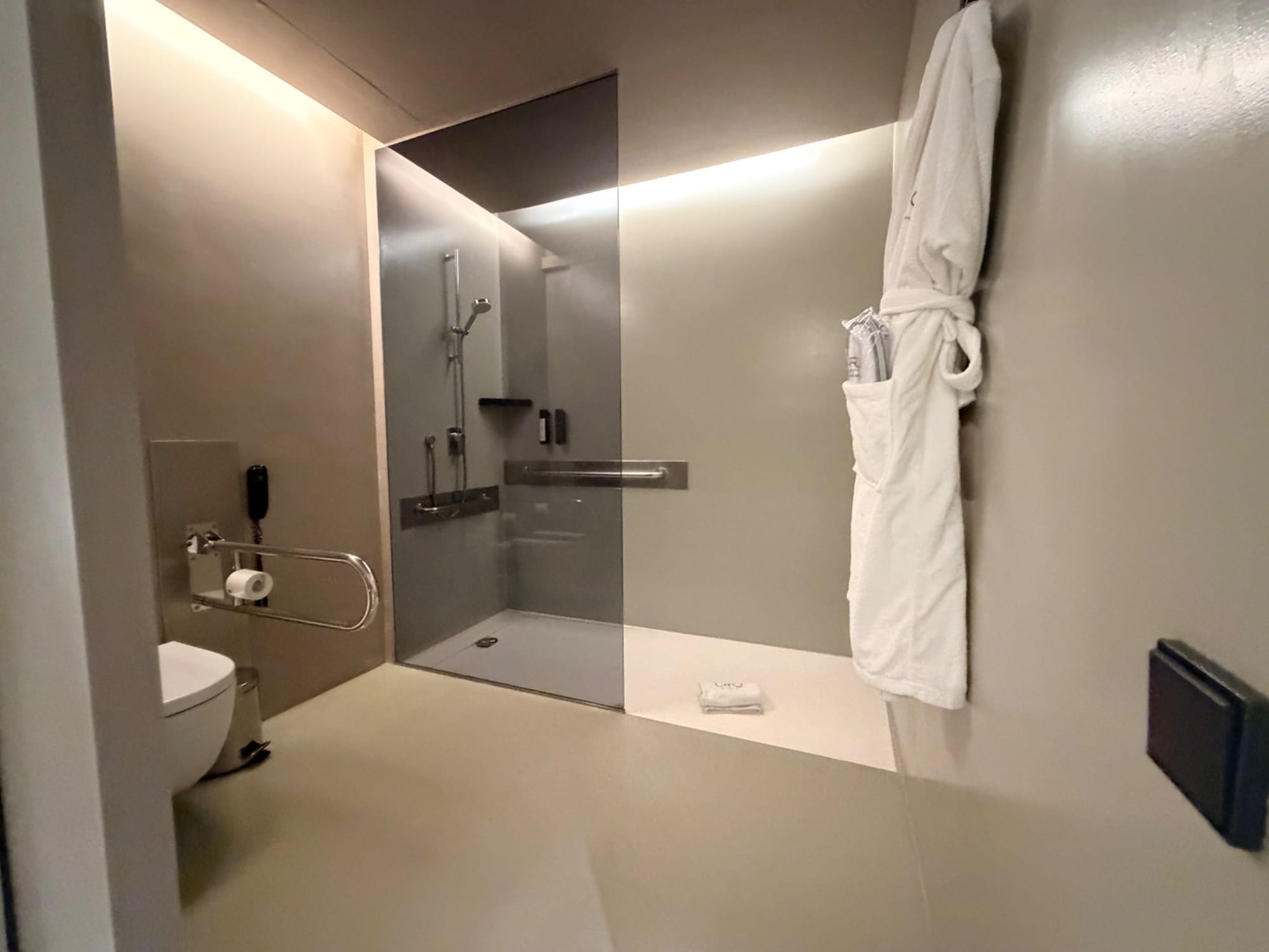 Roll-in shower and grab bars at Caro Hotel in Valencia, Spain