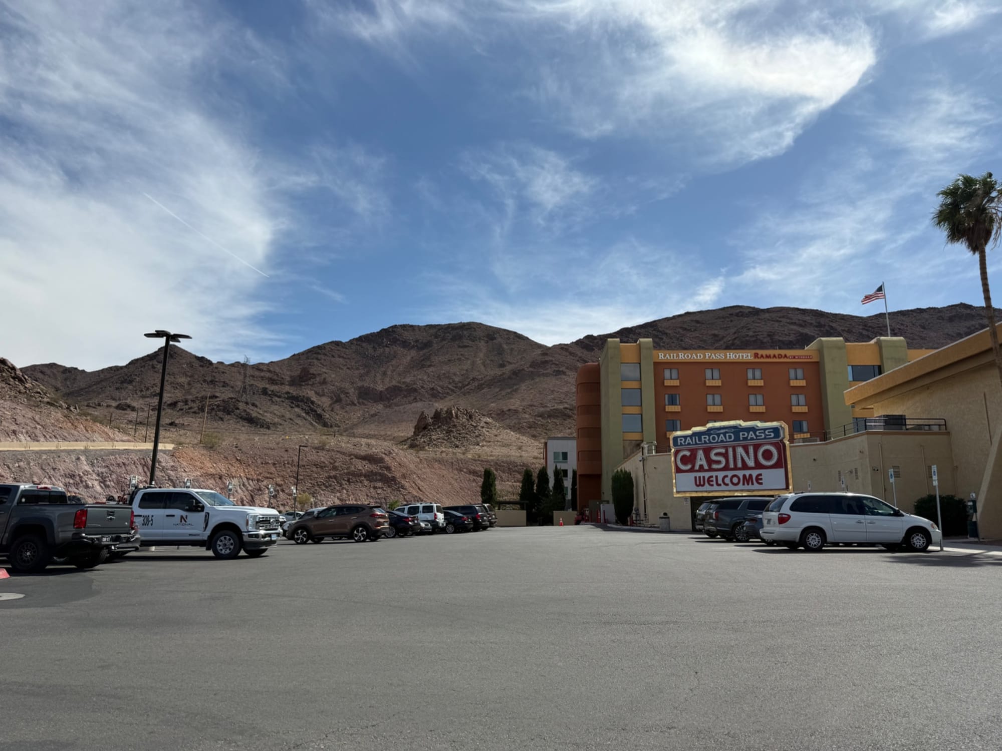 Outside of Railroad Pass Casino with hills in the background