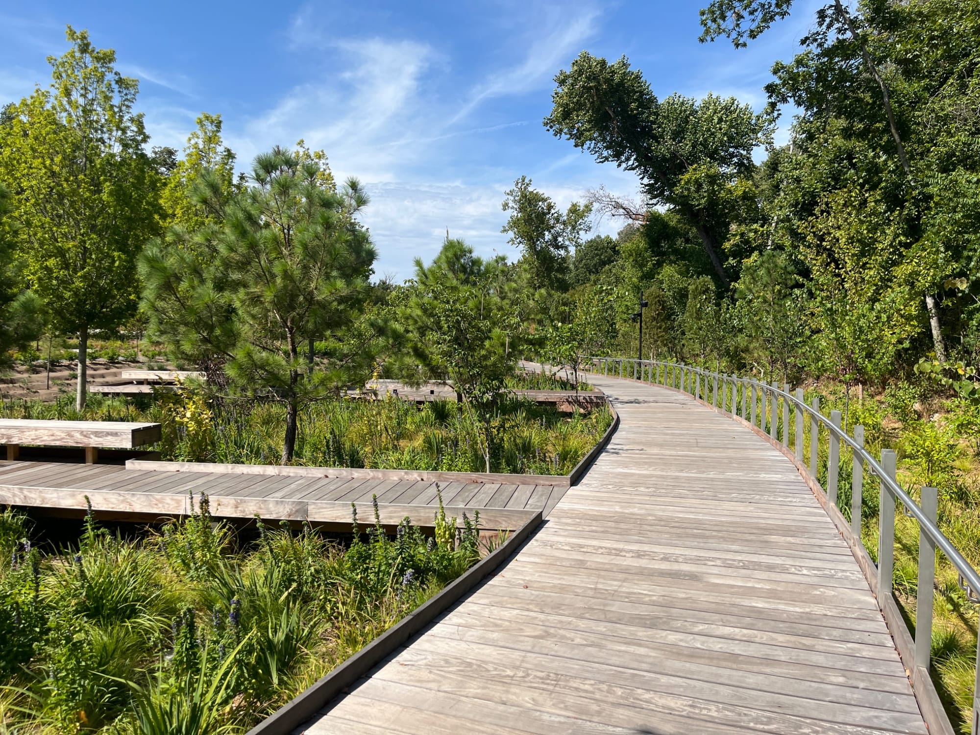 Accessible wooden trail in nature at Crystal Bridges Trails