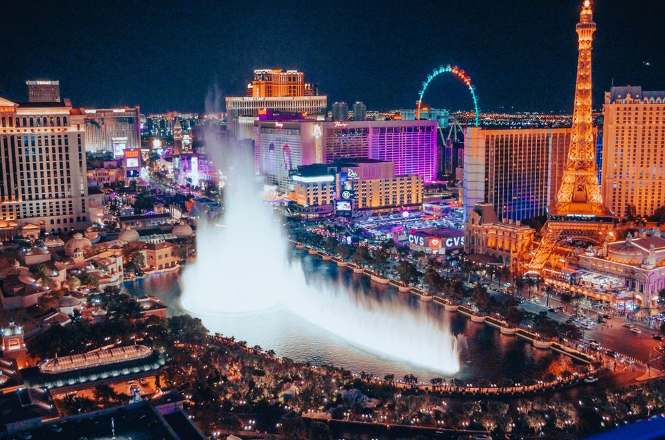 Las Vegas aerial view with the Fountains of Bellagio and Eiffel Tower