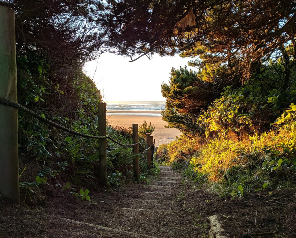 A stair path leading down to a beach in Waldport, Oregon