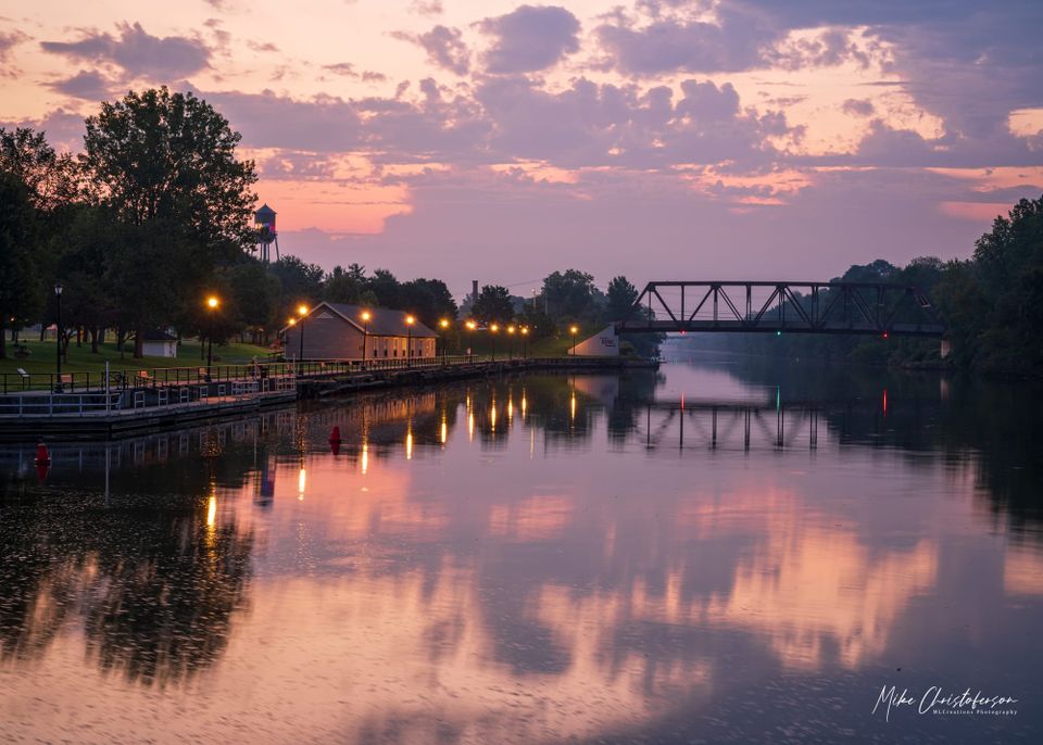 Bellamy Harbor Park with canal and bridge at sunset in Oneida County, NY