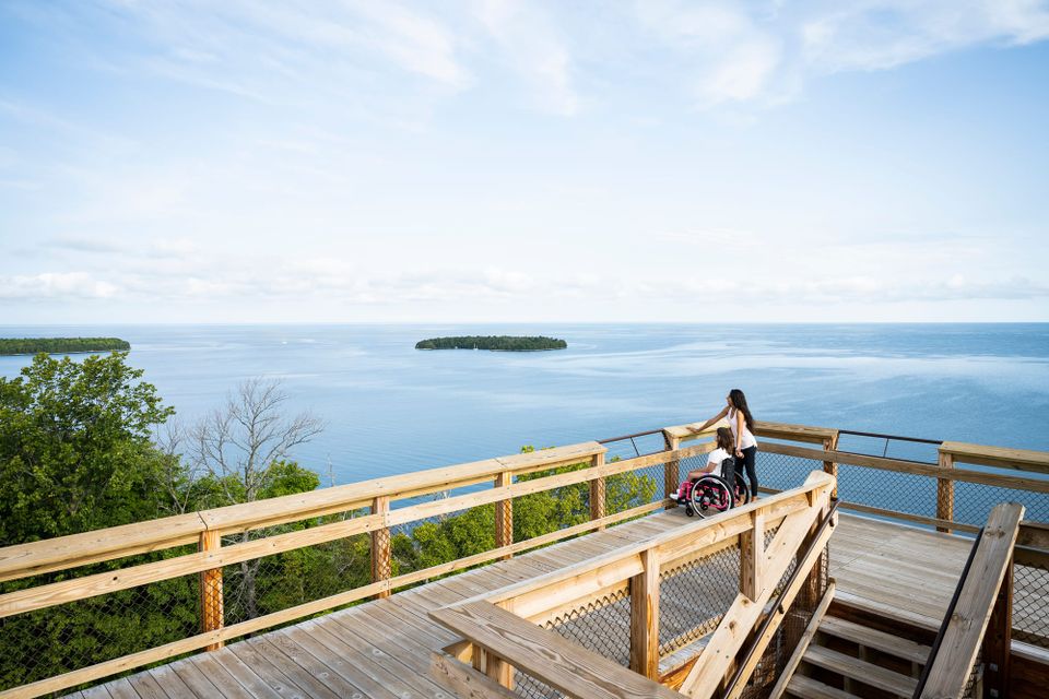 Mom and daughter, wheelchair user, at Eagle Tower in Door County