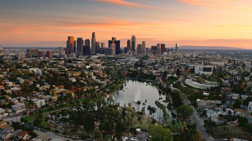 Aerial view of Echo Park and Downtown Los Angeles skyline