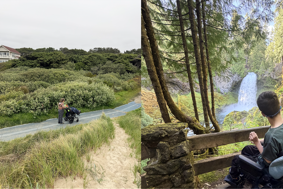 Accessible mobi mats at Heceta Beach on the left, and a wheelchair user viewing Sahalie Falls