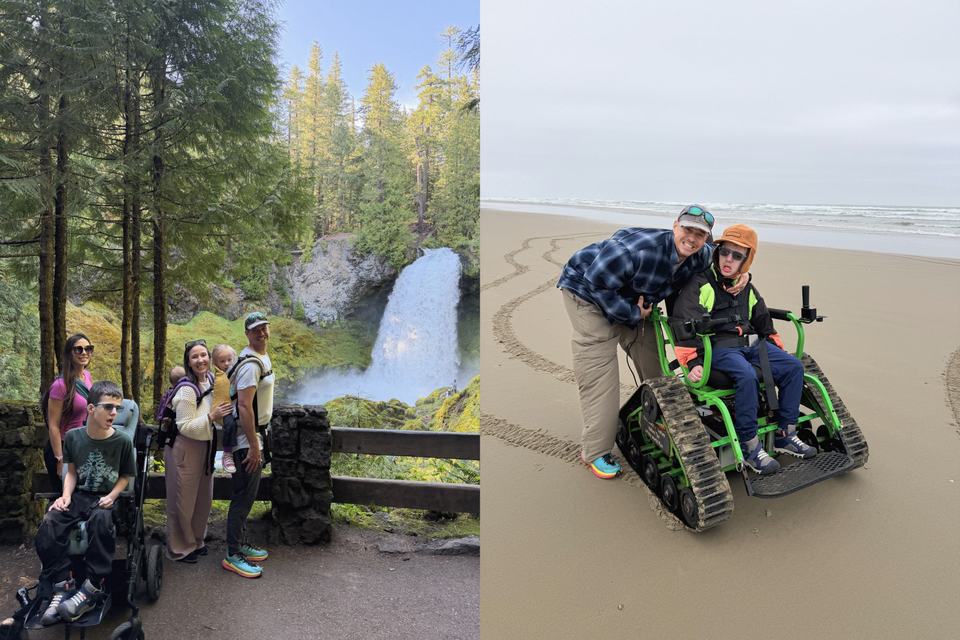 Two photos side by side. One is a family with disabled kids at a waterfall, and one is a father and his disabled son in a track chair on the beach