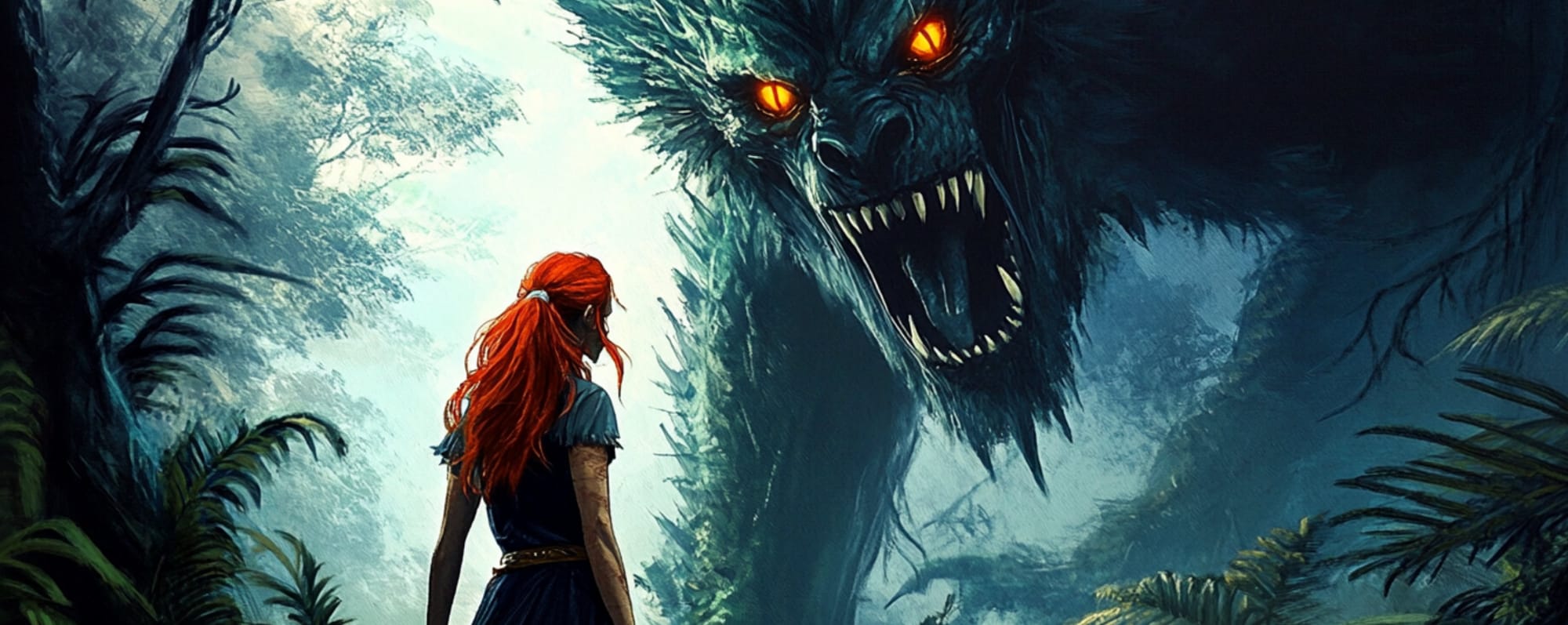 A humungous creature with glowing orange eyes roars a young, red-headed woman in the midst of a dark jungle.