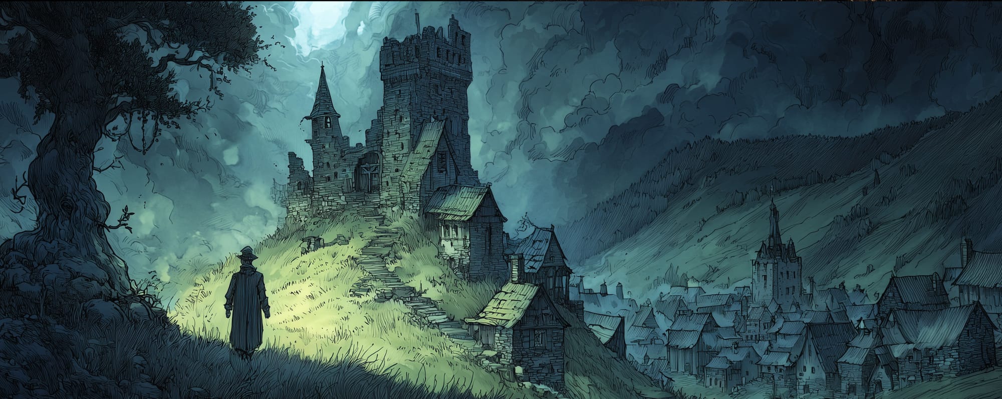 Harrow Castle strangely illuminated and looming over the town of Thimblecross at night.