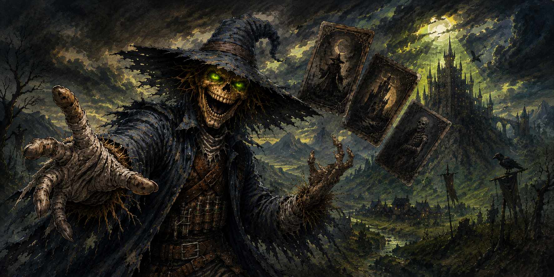 A scarecrow juggles cards with a castle and village in the background.