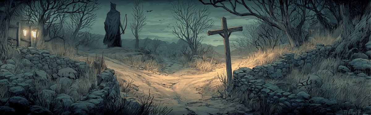 A twilight crossroads, lit my lanterns and marked with a cross. A shadowy figure with a bow in the background.