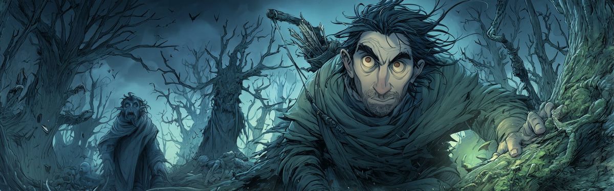 Alric hints in a barren patch of forest, with a shadowy shamble man lurking behind him.