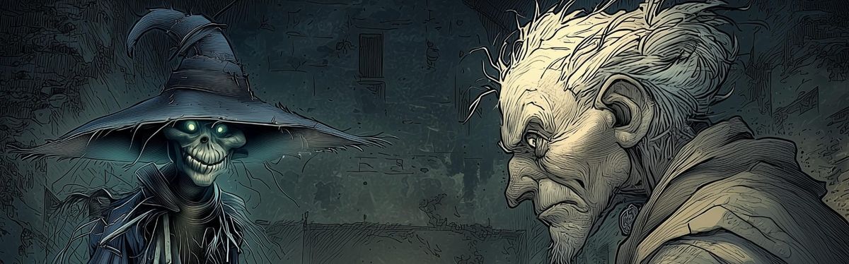 A skeletal scarecrow stares as at surly, old, tax collector.