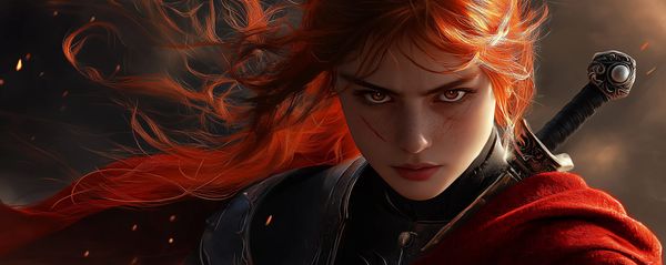 Fleta with red hair and cape fluttering in the wind, the pommel of the Weeping Falchion visible over her shoulder.