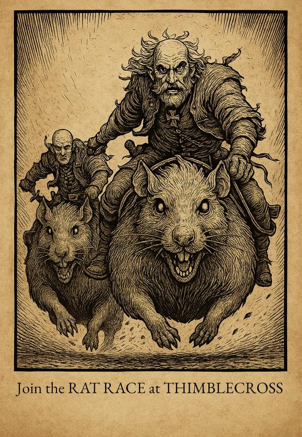 A woodcut-style poster of two men riding giant rats toward the viewer, with the caption "Join the RAT RACE at THIMBLECROSS"