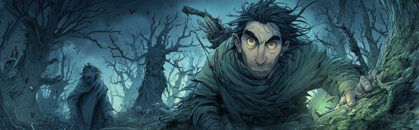 Alric hints in a barren patch of forest, with a shadowy shamble man lurking behind him.