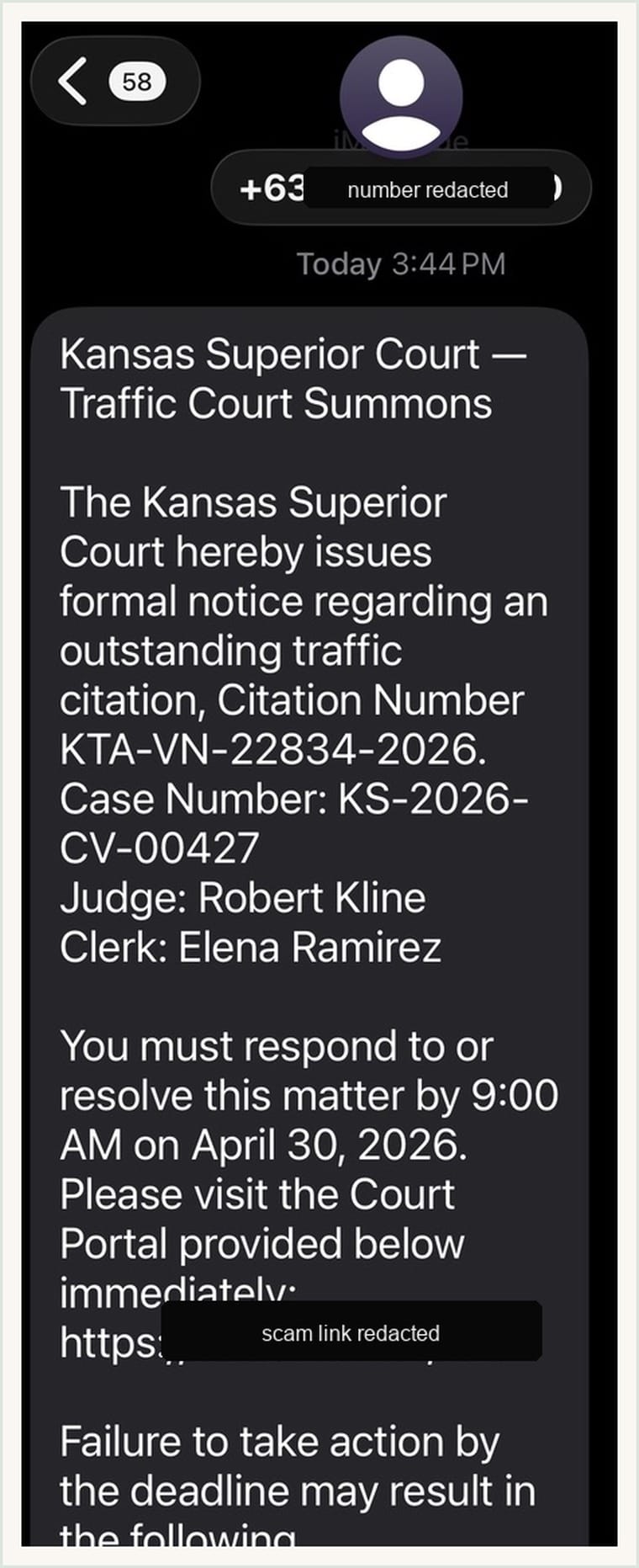 Redacted screenshot of fake Kansas Superior Court traffic summons text with suspicious link