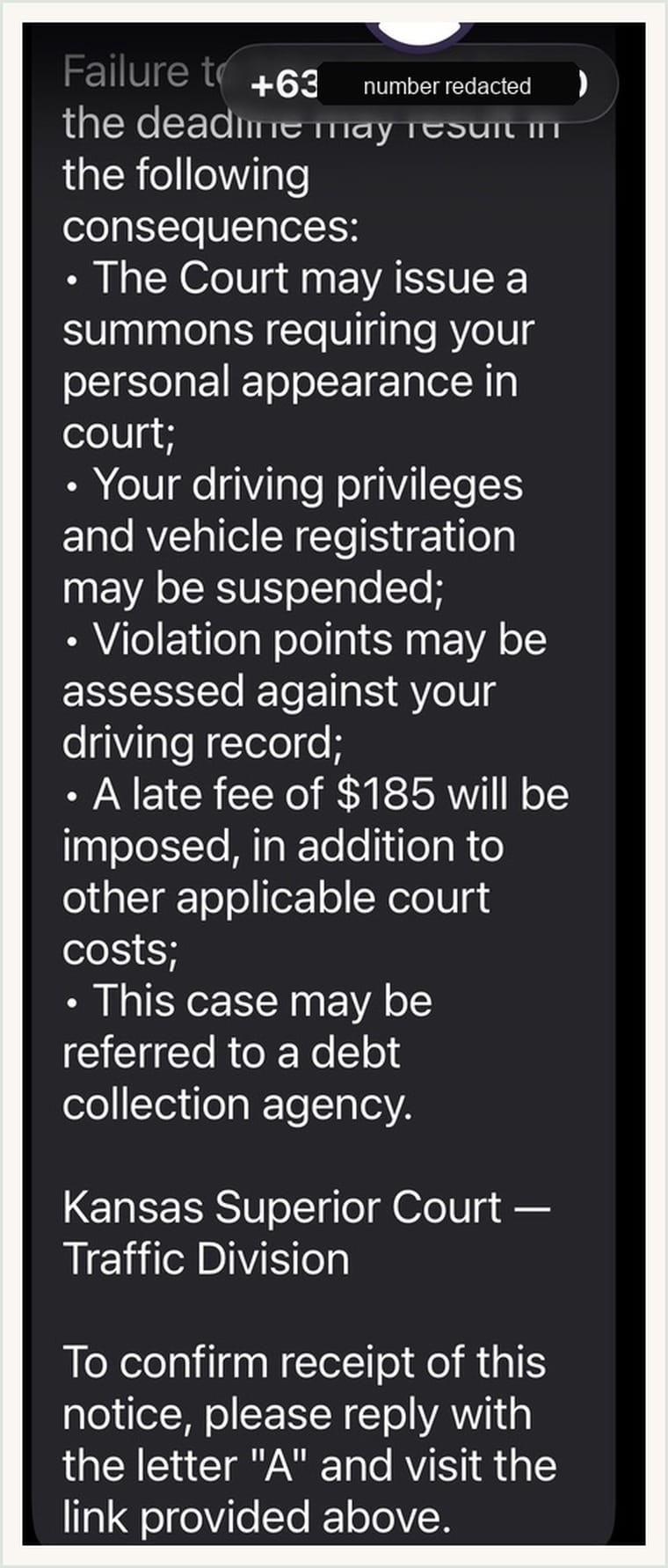 Redacted screenshot of fake court text threatening license suspension late fees and collections