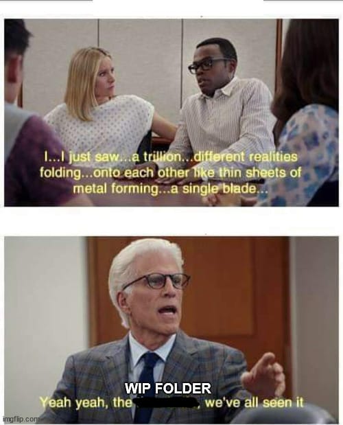 First Panel: a shaken Chidi saying, "I... I just saw... a trillion... different realities folding... onto each other like thin sheets of metal forming... a single blade..."  Next panel is Michael dismissively stating "Yeah, yeah, the WIP FOLDER, we've all seen it."