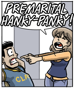 Joyce yelling at Joe, "Premartial Hanky-Panky!"