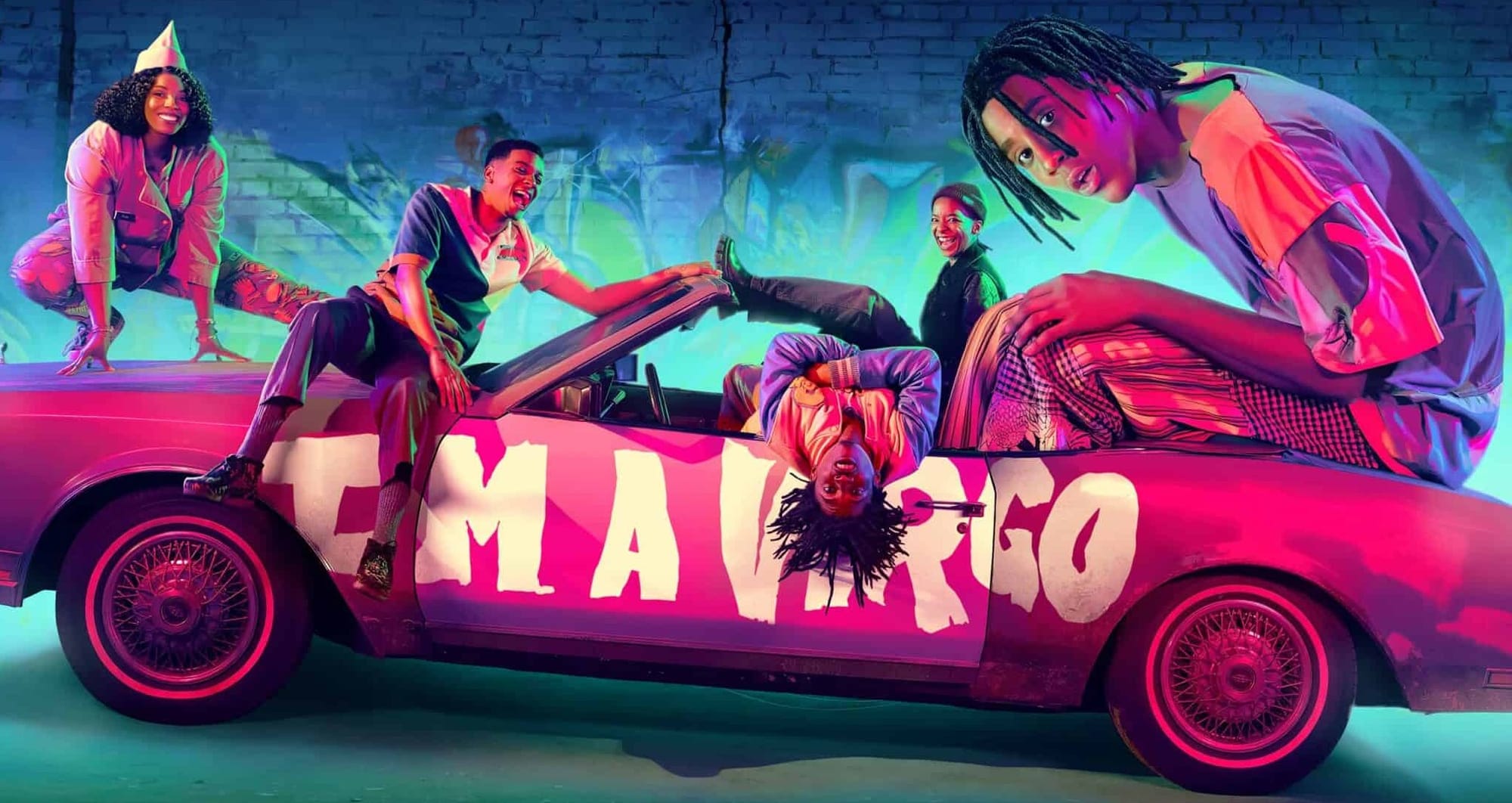 The poster for the TV Series, I'm a Virgo. The main characters are hanging out in a car.
