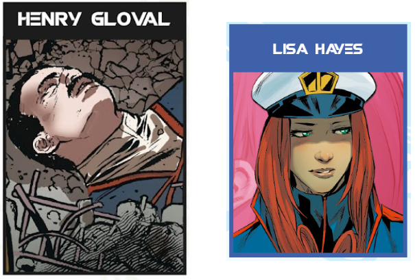 Two cast images: Henry Gloval is shown dead in rubble, and Lisa Hayes has a captain's hat on while she looks off-panel (and is blushing a little)..