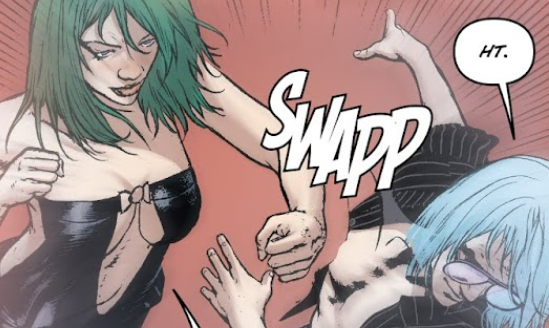 Miriya wearing a skimpy black dress, punching Max.