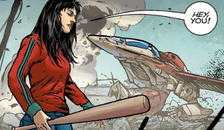 Minmei holding a baseball bat, not pleased with the damage Rick had done in the Veritech fighter.