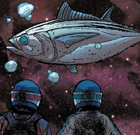 Rick and Minmei wearing spacesuits, gazing upon a frozen tuna fish as they brave the void of space to catch it.