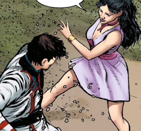 Minmei kicking up a lot of gravel as she backs up from Rick's advances.