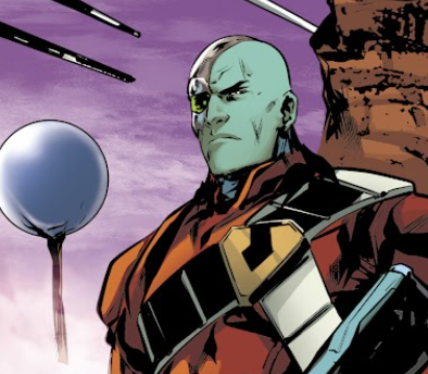 Breetai, looking tough. He is a greenskinned humanoid with half his face under a metallic mask.