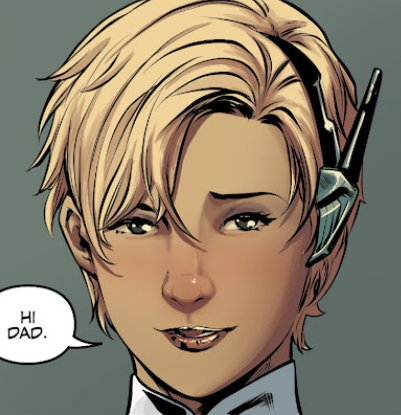 Dana Sterling, a woman with short blonde hair, saying "Hi dad" rather sheepishly.