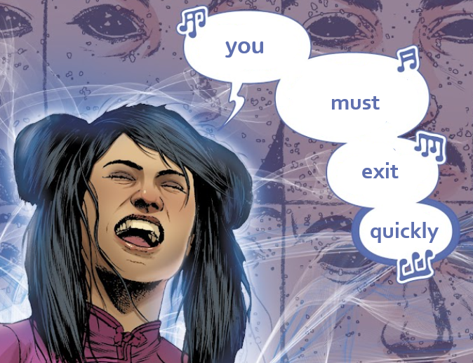 Minmei singing to the Zentradi fleet, with her speech bubbles edited to sing "you must exit quickly."