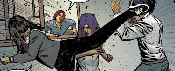 Kyle kicking someone in the face, while the kickee's companions rush to his aid.