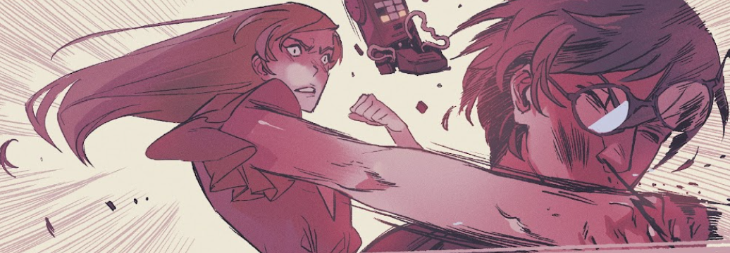A sepia-colored image of Miriya, in casual dress, punching Max so hard his glasses break and the handheld computer that was in his hand breaks.