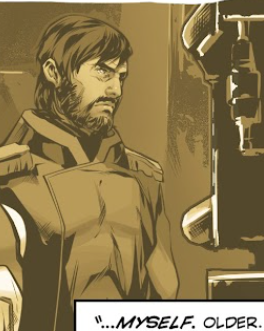 Rick Hunter, from the future. He is older with a full beard and has a grim look on his face.