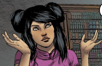 Minmei throwing her hands up, as if to say "whatever man."