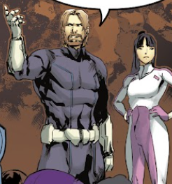 Karl and Minmei standing together, as Karl gives a speech.
