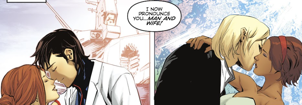 Two panels, side-by-side: the weddings of Lisa and Rick, and Roy and Claudia. Both men are wearing tuxedo/uniform combos while Lisa and Claudia have dresses (white and green, respectively).