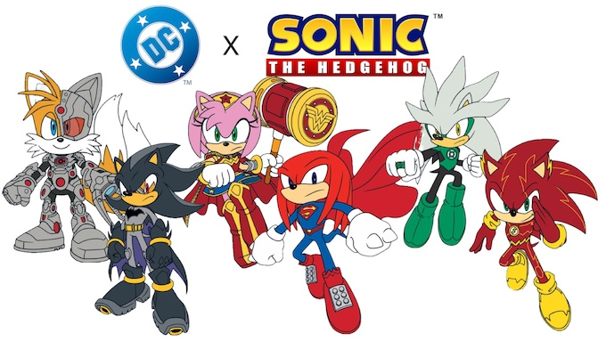 Tails, Shadow, Amy Rose, Knuckles, Silver, and Sonic in their counterpart costumes: Tails as Cyborg, Shadow as Batman, Amy as Wonder Woman, Knuckles as Superman, Silver a Green Lantern, and Sonic as The Flash.