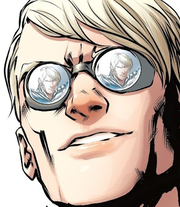 A white-read man with goggles; Roy's annoyed face mirrored on them.