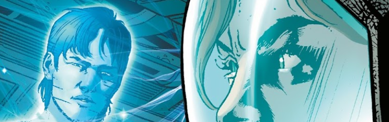 Lisa in her spacesuit, surprised at a hologram of the assumed-deceased Karl.