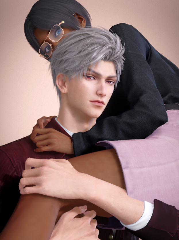 Sylus carrying MC, who is peeking over his head as he does so.