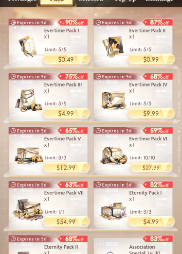 A screenshot of some of their store selection, offering different "packs" on sale and expire within a week.