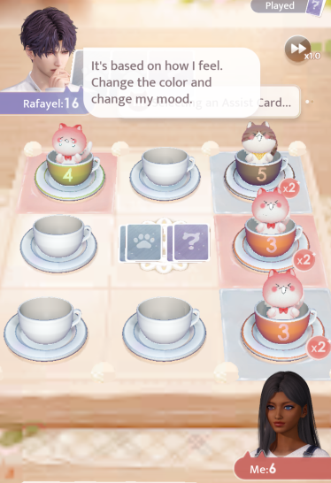 The cat/cup game with Rafayel and MC. The former has 16 points while MC has only 6.