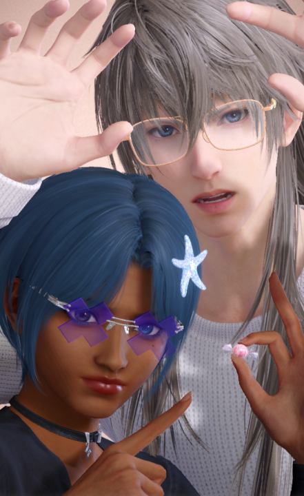 Xavier in the background making a scary "rawr" face, while MC in the foreground is frowning and pointing to a piece of candy.