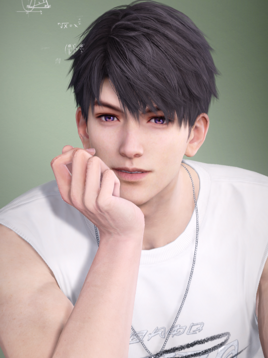 A black-haired man with purple eyes, smiling faintly as his chin rests on his palm to look directly at the view.