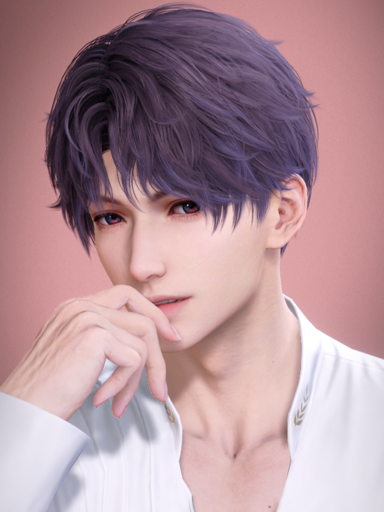 A man with dark purple hair and maroon eyes. Wearing a linen shirt, looking seductively at the camera with a knuckle to his lips.