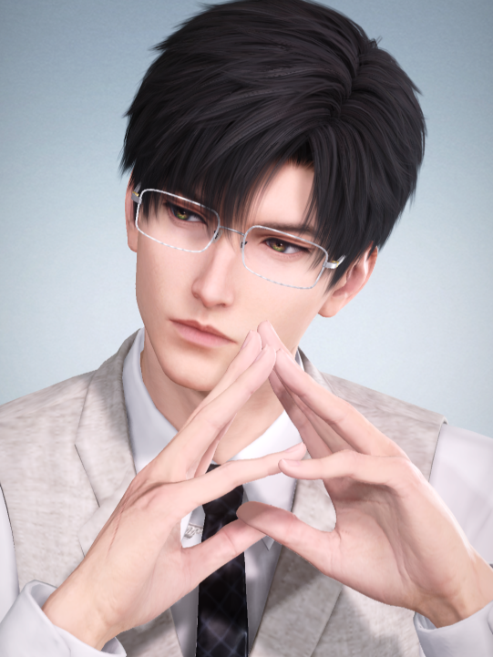 A black-haired, hazel eyed man dressed in gray specs, tan vest, and black tie. His hands are steepled as he looks off to the side.