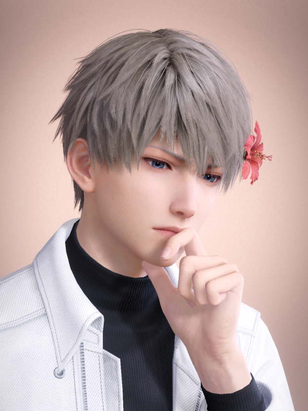 A silver haired blue-eyed man wearing a white jean jacket, and is posed with his hand on his chin as if in thought. He also have a hibiscus flower in his hair.