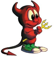 The mascot for FreeBSD: A lil devil holding a yellow pitchfork and wearing green sneakers.